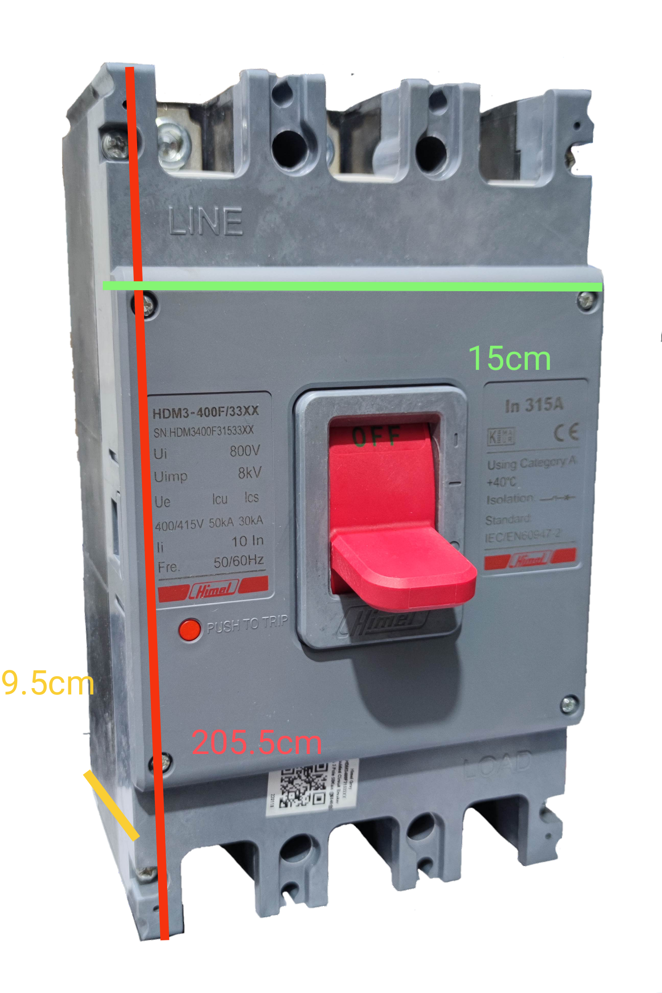 Himel 315A Industrial Circuit Breaker 3 Phase with red switch handle and grey casing