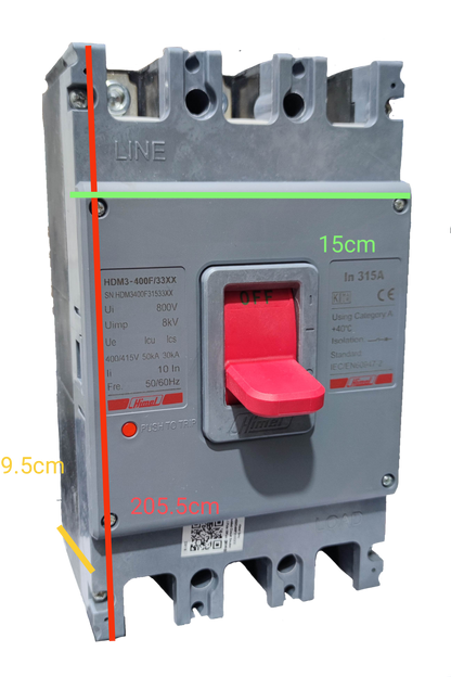 Himel 315A Industrial Circuit Breaker 3 Phase with red switch handle and grey casing