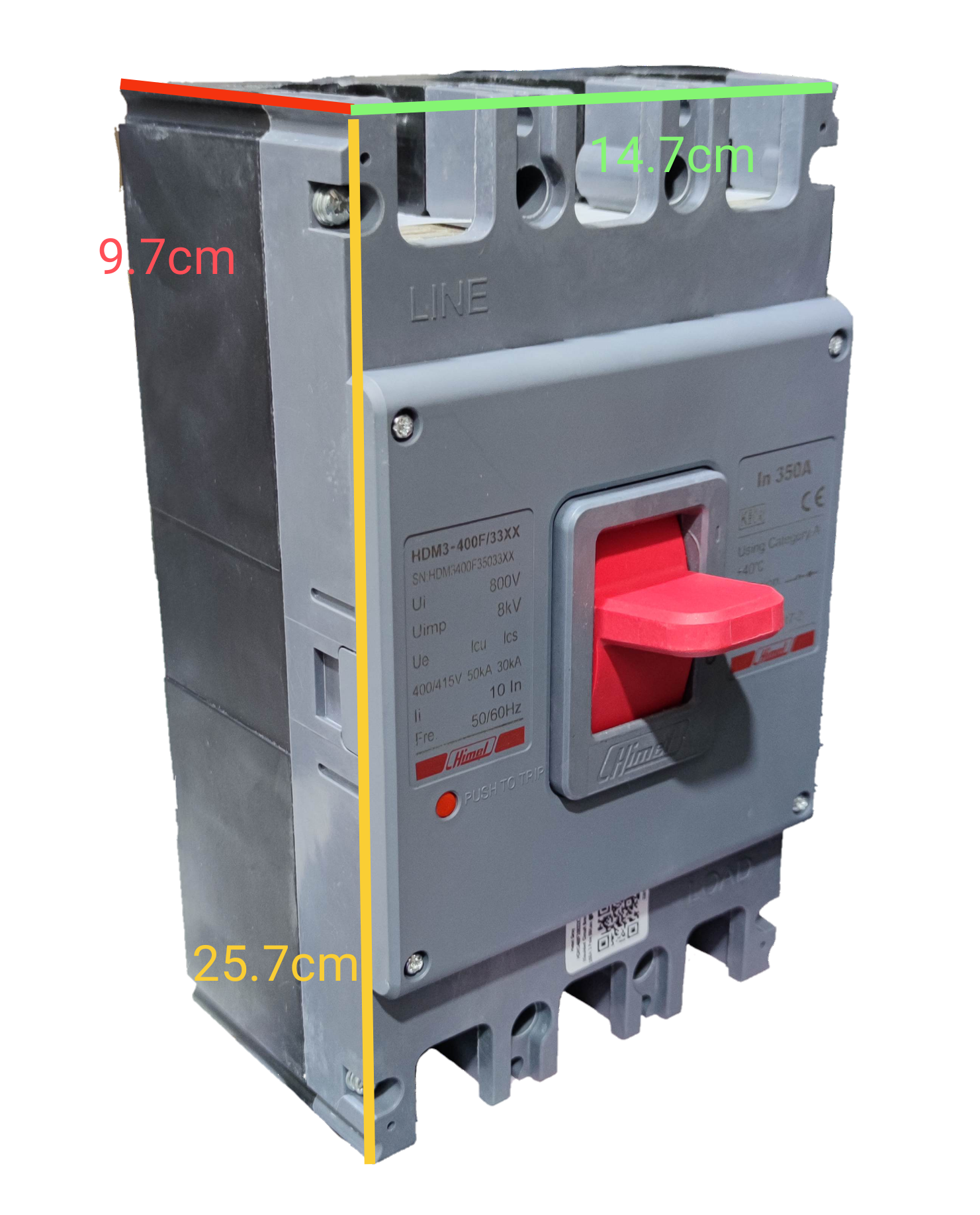Himel 350A Industrial Circuit Breaker 3 Phase with red switch and gray casing for electrical safety