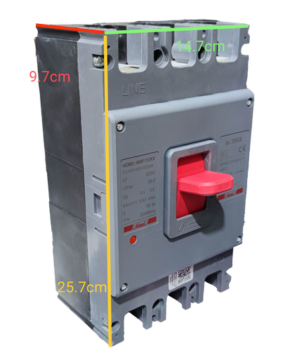 Himel 350A Industrial Circuit Breaker 3 Phase with red switch and gray casing for electrical safety