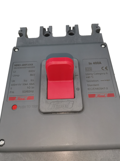 Himel 400A Industrial Circuit Breaker 3 Pole 35Kaic with red toggle switch and gray casing