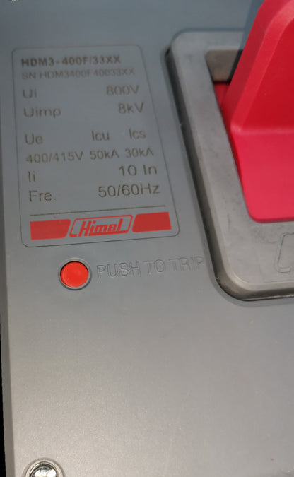 Himel 400A Industrial Circuit Breaker 3 Pole 35Kaic with red push to trip button and detailed specifications