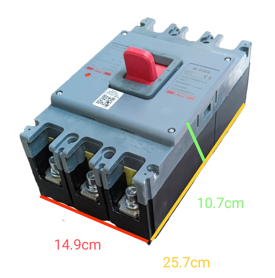 Himel 630A Industrial Circuit Breaker 3 Phase with red switch and 3 terminal connections