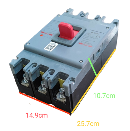 Himel 630A Industrial Circuit Breaker 3 Phase with red switch and 3 terminal connections