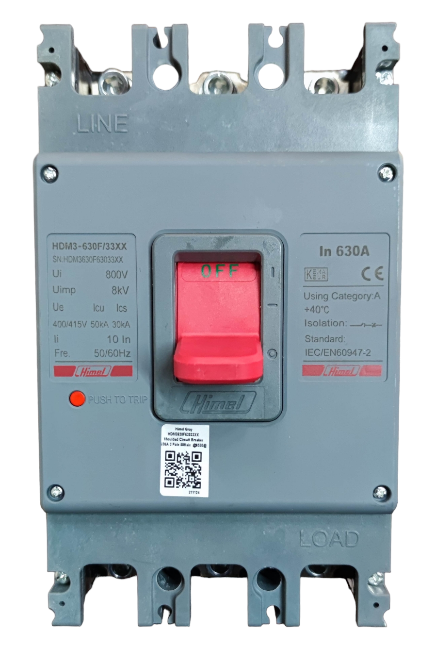 Himel 630A Industrial Circuit Breaker 3 Phase with red switch and gray casing for electrical systems
