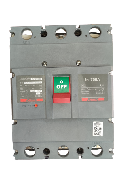 Himel 700A 3 Pole Industrial Circuit Breaker with red off switch and gray casing