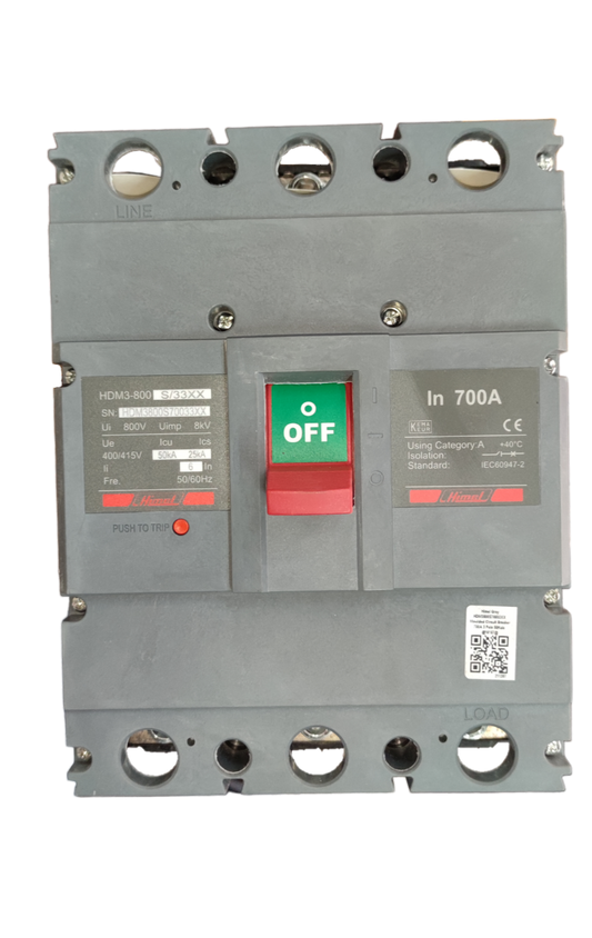Himel 700A 3 Pole Industrial Circuit Breaker with red off switch and gray casing