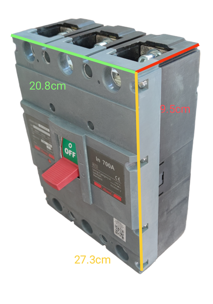 Himel 700A 3 Pole Industrial Circuit Breaker with red switch and detailed electrical connections