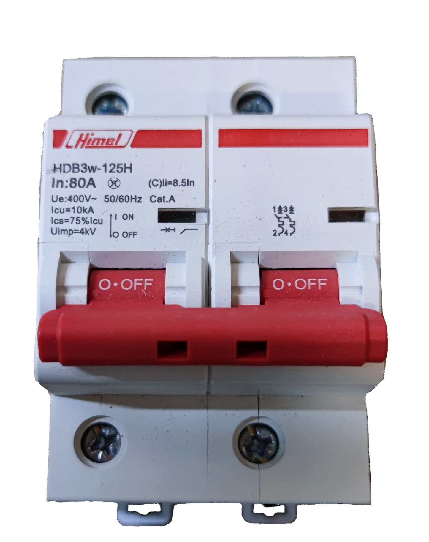 Himel 80A 2 Pole Miniature Breaker 10 Kaic. white dual pole MCB with red double switch and screw terminals