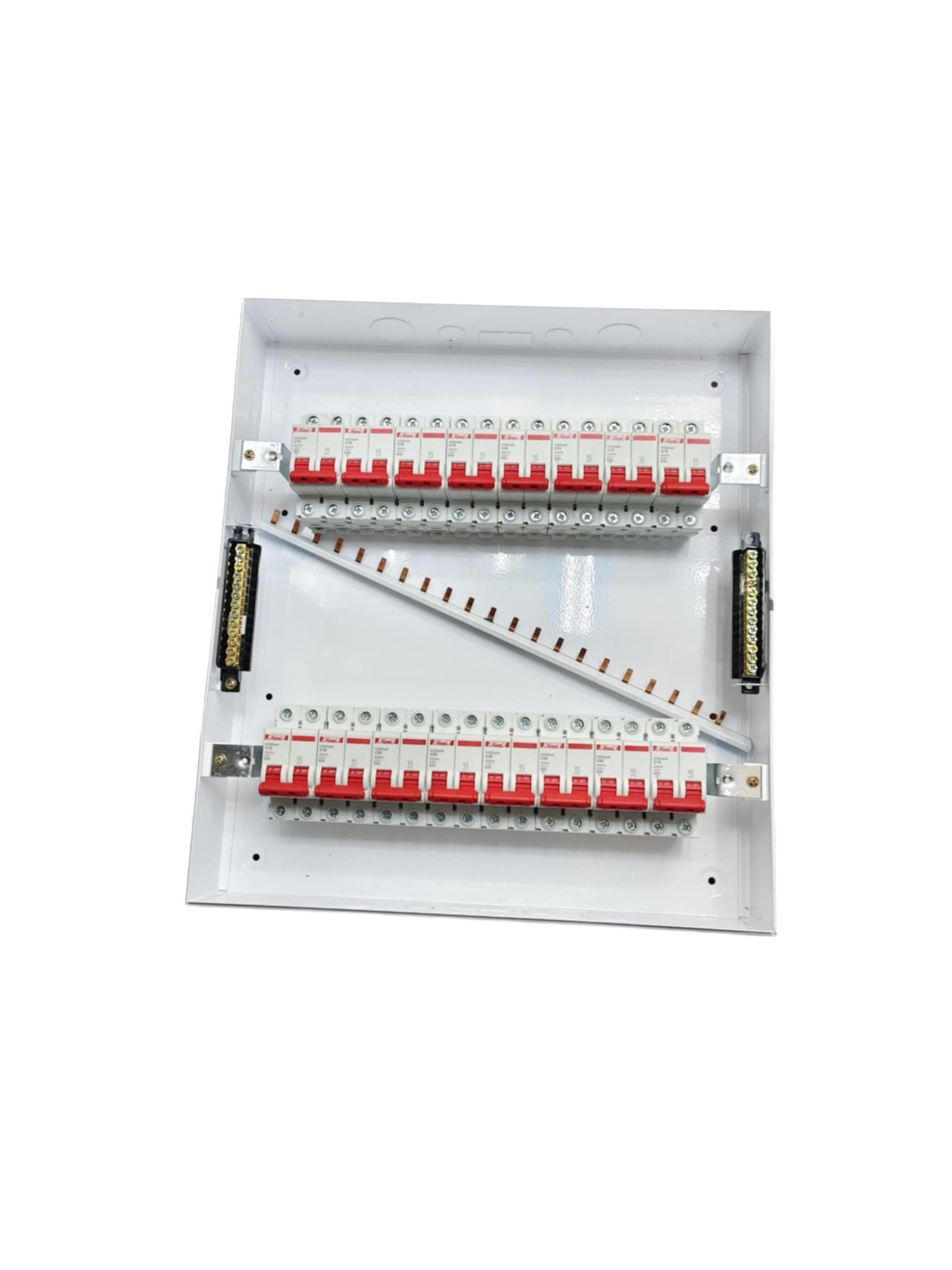 Himel Breakers Panel Board 63A 2 Pole Main electrical circuitry with red switches and white casing