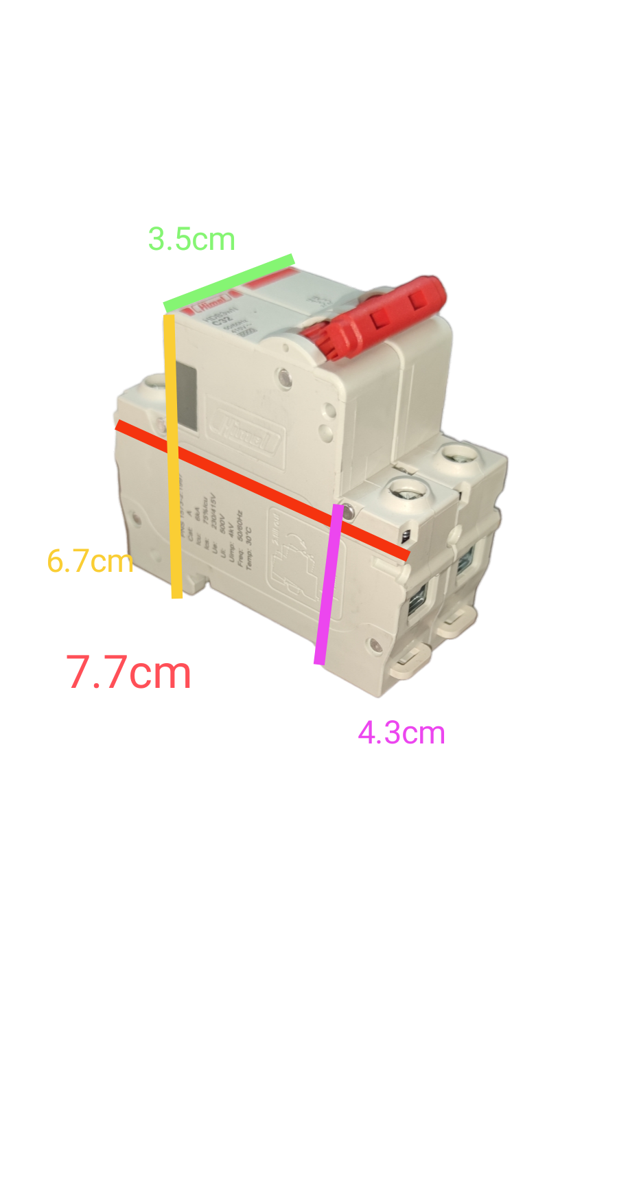 Electx Electrical Supply white dual pole Circuit Breaker 20A 2Pole 6 KAIC with red toggles and dimension markings