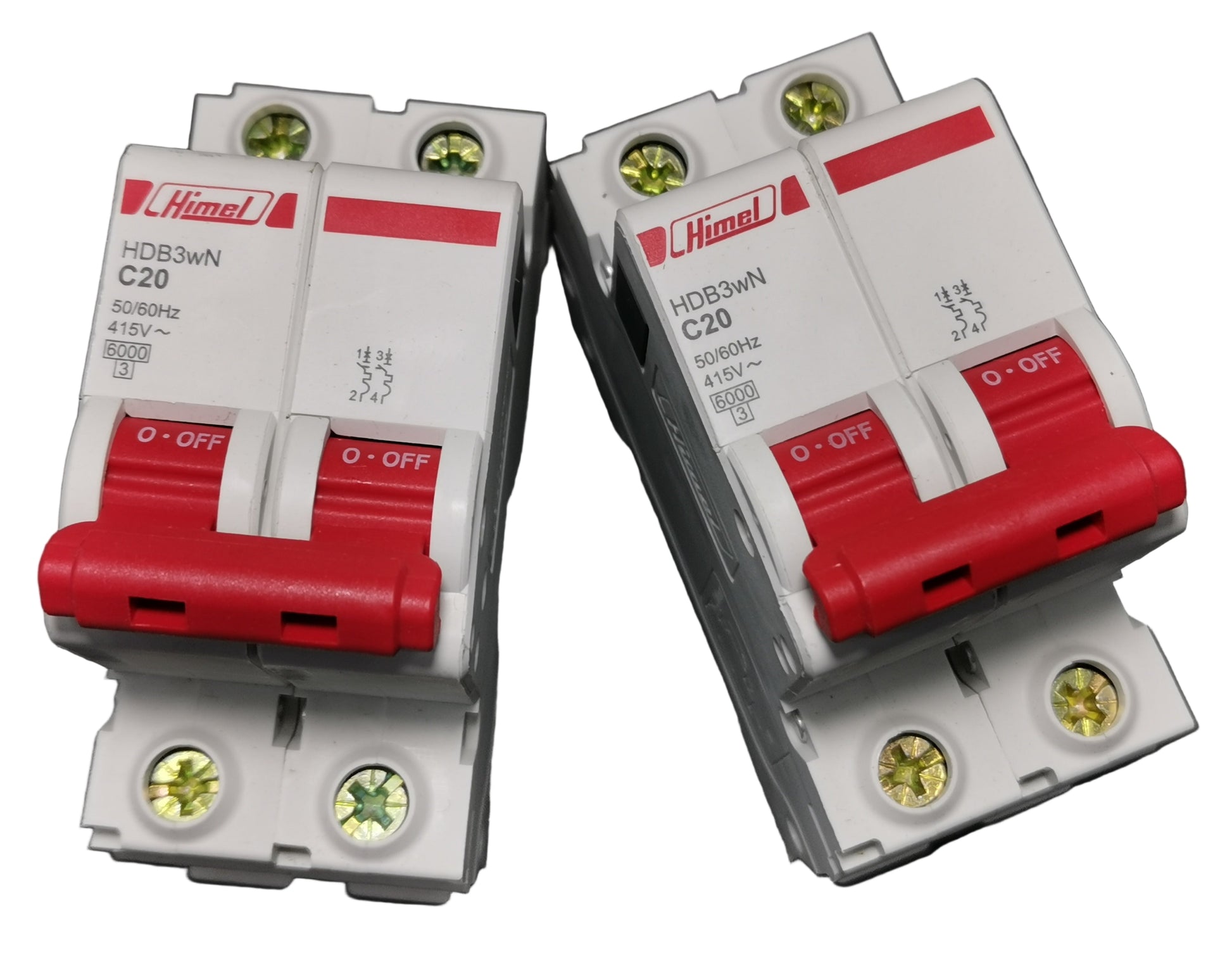 Circuit Breaker 20A 2Pole 6 KAIC twin red toggle switches on white dual module by Electx Electrical Supply