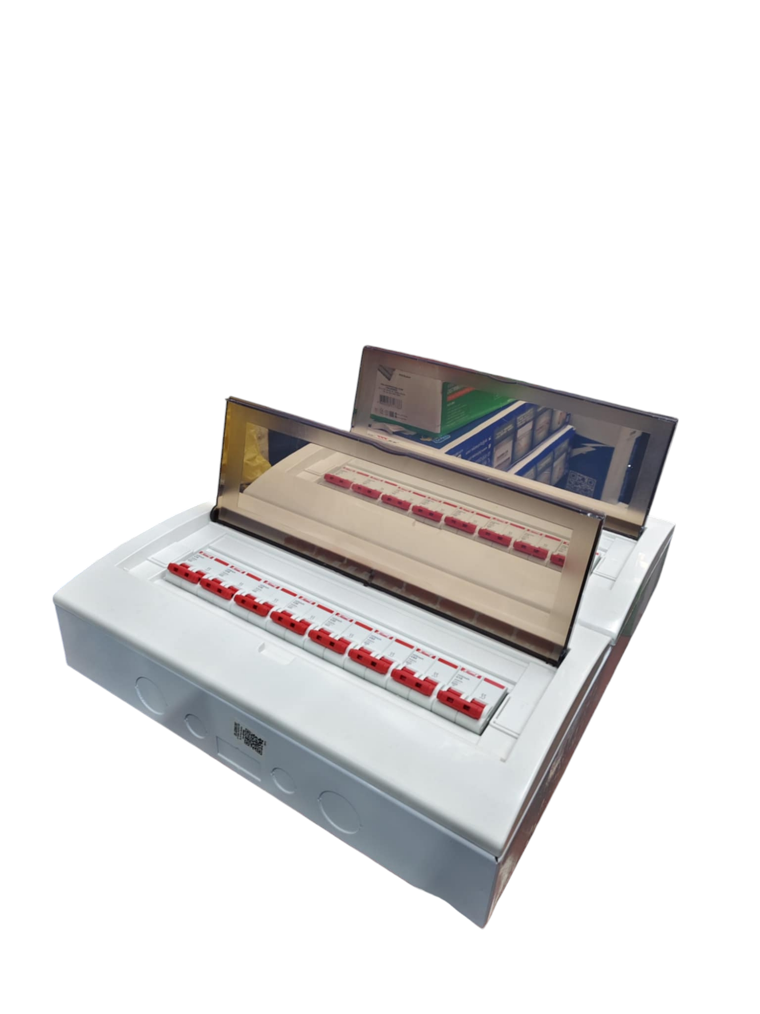 Himel HDB Breakers Panel Board 50A 2 Pole electrical circuitry panel with multiple red switches and transparent cover