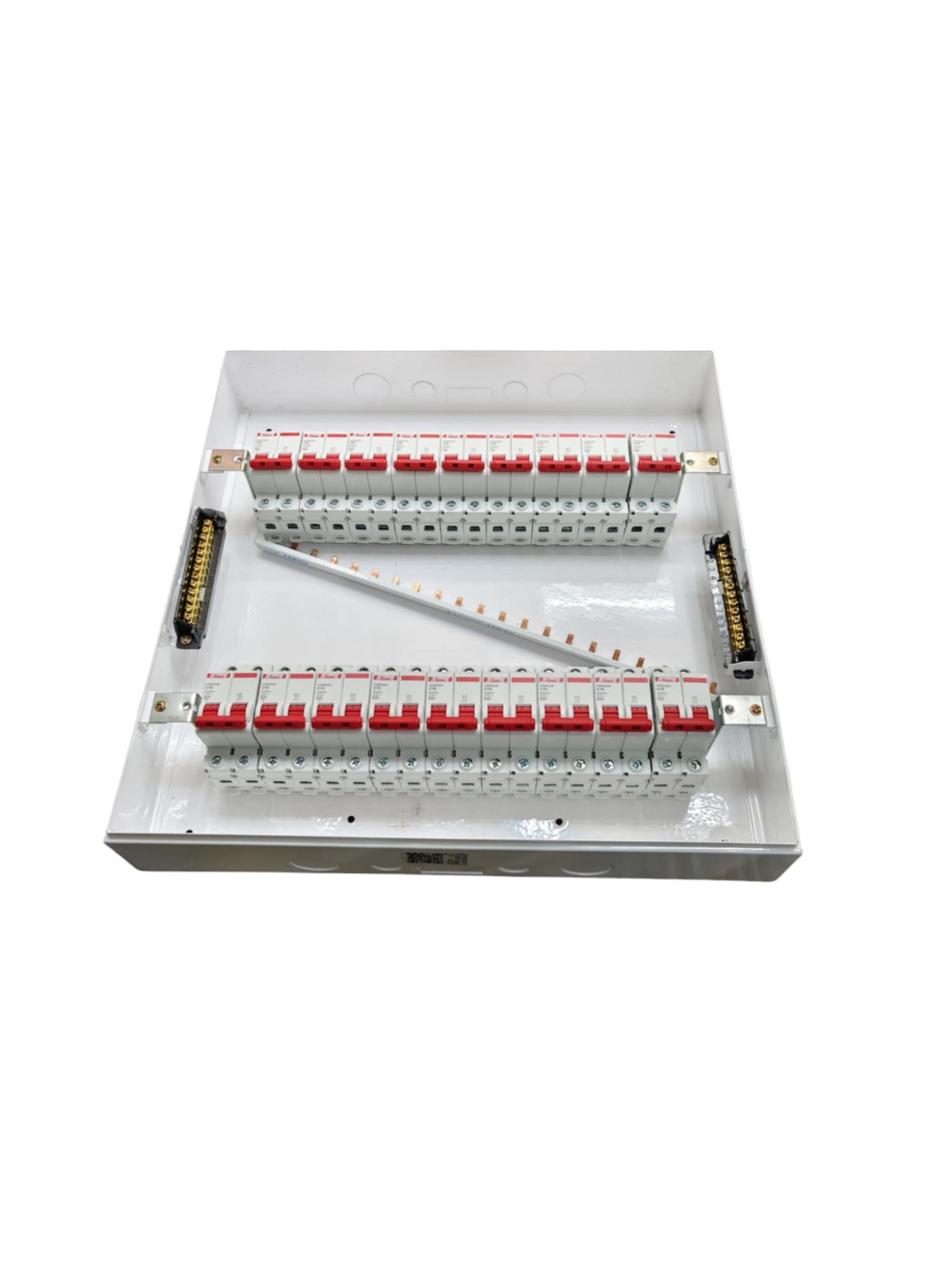 Himel and ZY white distribution panel with two rows of red toggle breakers and bus bars Himel 17 branch 2 pole circuit breaker