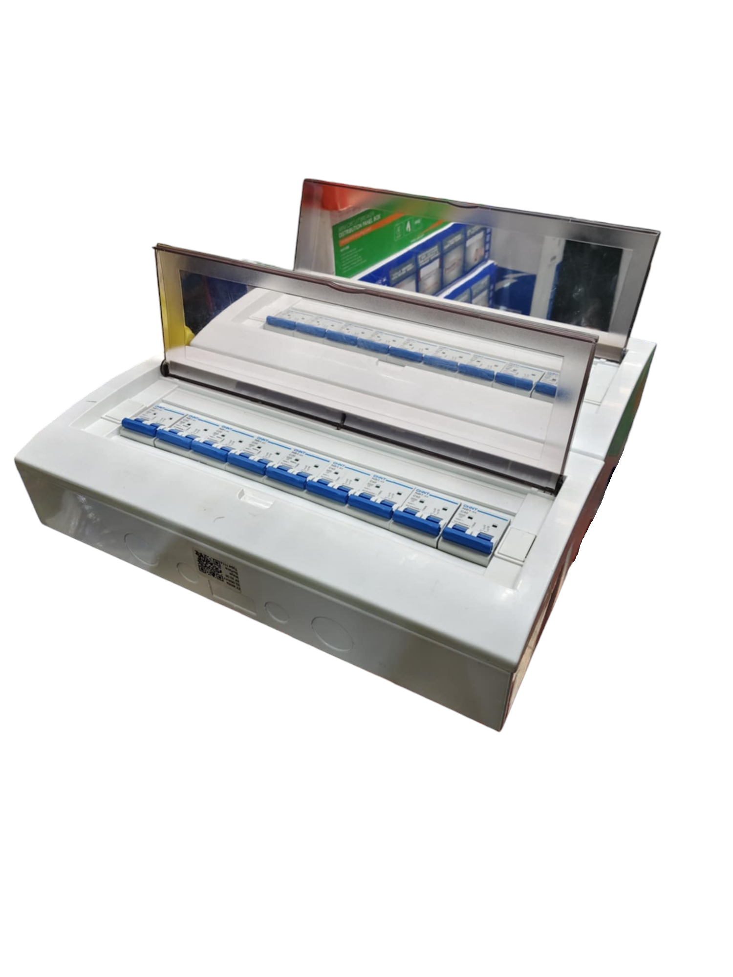 White metal distribution box with hinged clear cover and rows of blue breakers Himel 17 branch 2 pole MCB panel