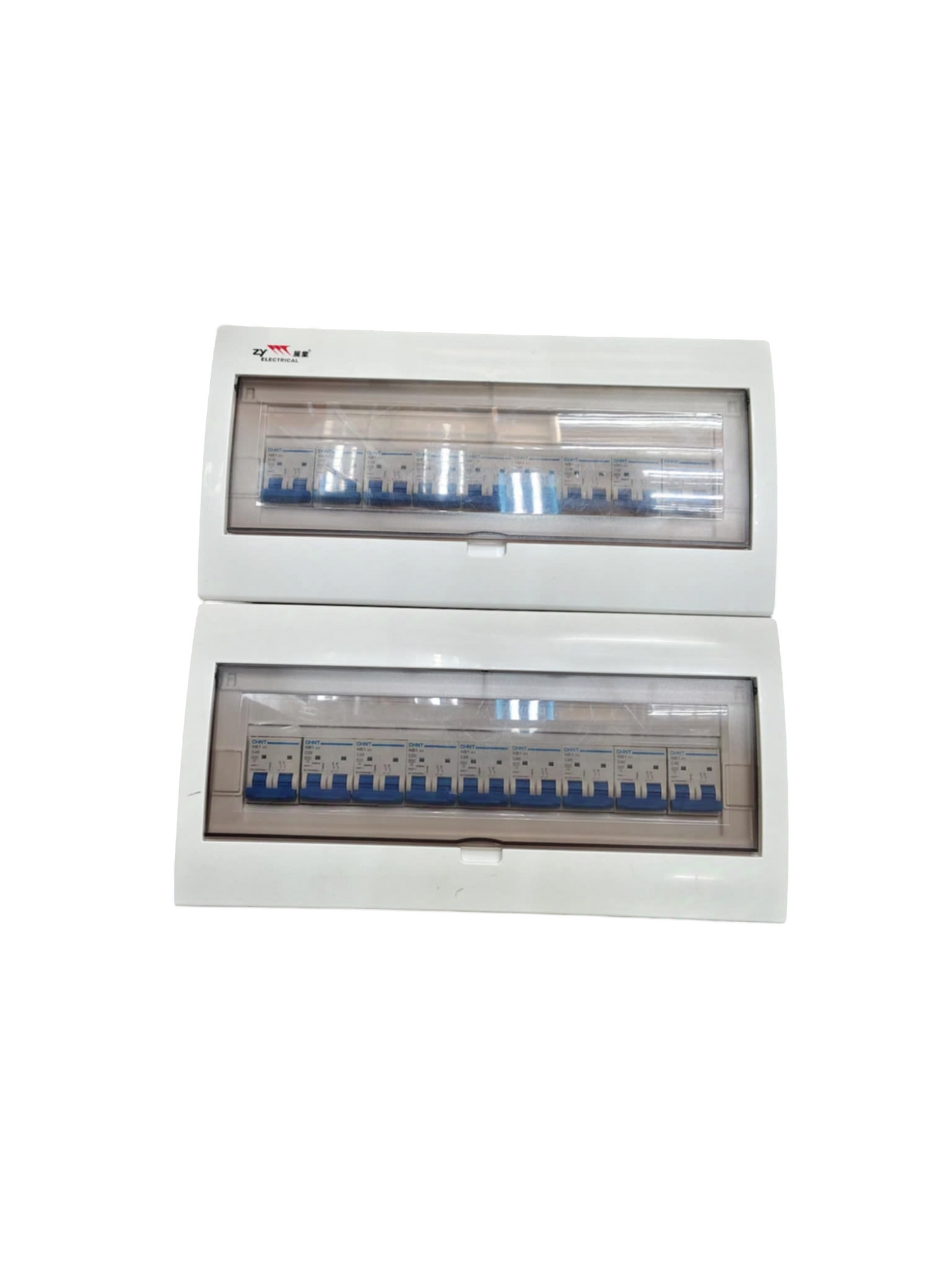 Himel 17 branch 2 pole MCB panel in dual white enclosure with clear covers showing multiple circuit breakers for home use