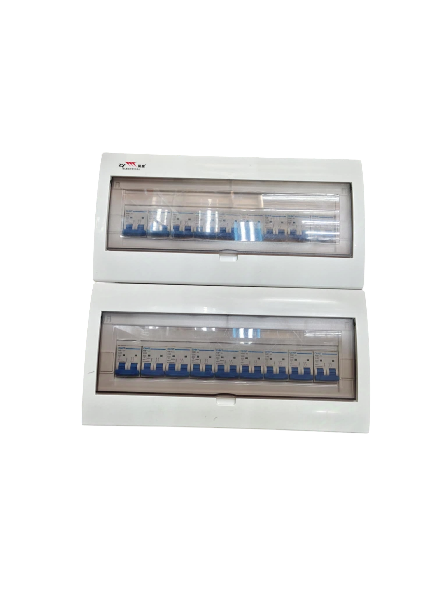 Himel 17 branch 2 pole MCB panel in dual white enclosure with clear covers showing multiple circuit breakers for home use