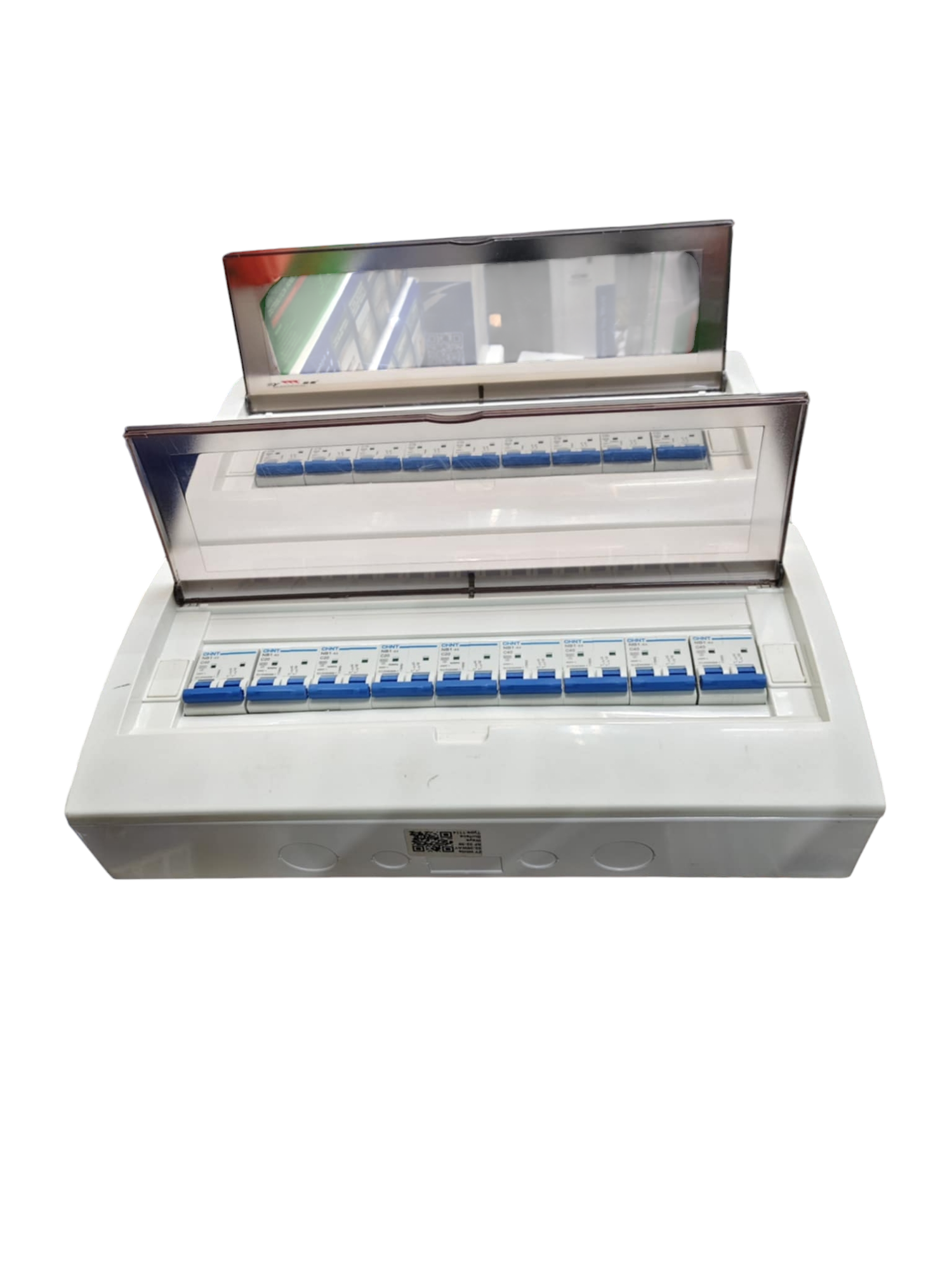 Himel 17 branch 2 pole MCB panel white distribution box with transparent hinged cover and 17 blue breakers