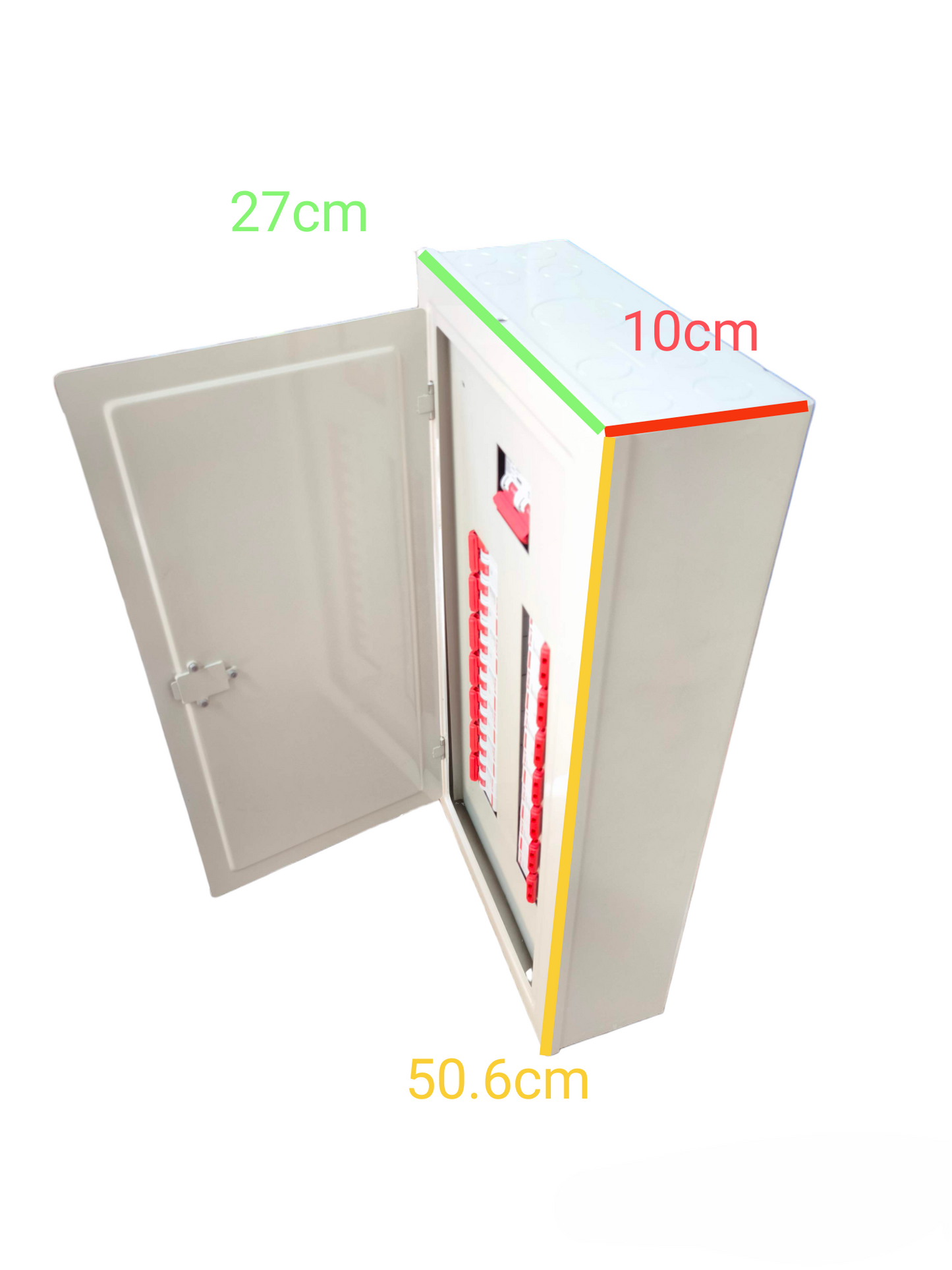 White metal electrical enclosure with open hinged door showing red breakers and dimensions labeled Himel 2 pole MCB panel board