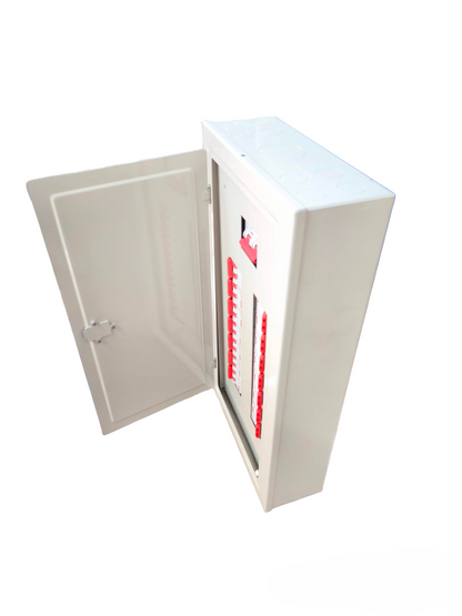 Koten and Himel Himel 2 pole MCB panel board white metal enclosure with open door showing red MCB rows