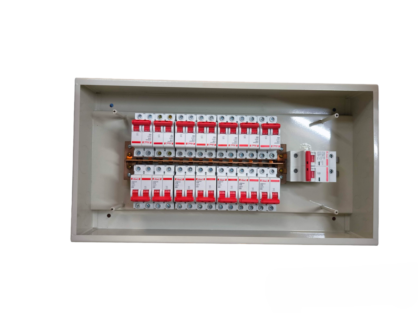 Koten and Himel metal box with multiple red and white breakers and Himel 2 pole MCB panel board for power distribution