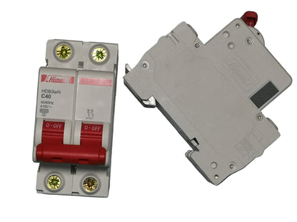 Himel 40A MCB 2 pole front and back views white dual modular circuit breaker with red switches