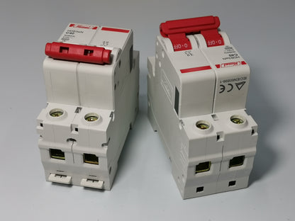 Two white Himel 40A MCB 2 pole circuit breakers with red toggle switches for DIN rail mounting