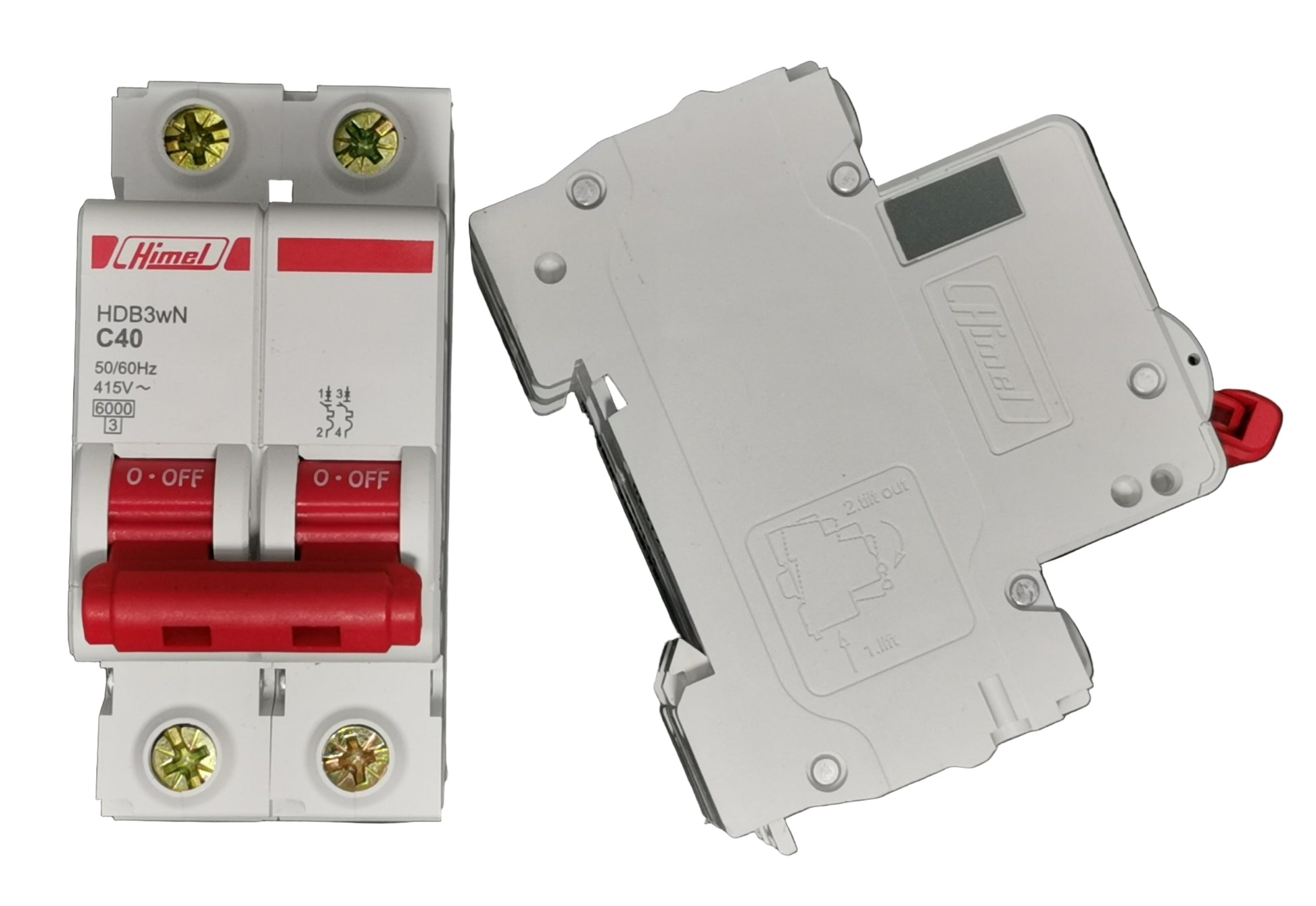 Himel 40A MCB 2 pole white two pole miniature circuit breaker with red toggles and brass screw terminals