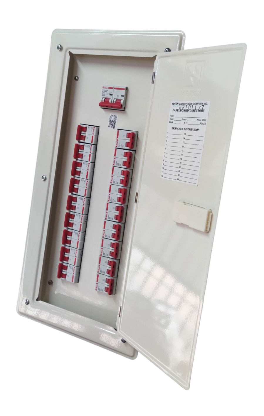 Himel KTM1-2P18B125A breaker panel Koten Himel white metal enclosure with 18 red topped breakers and open door