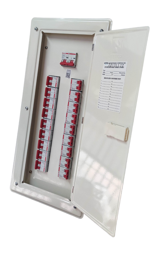 Himel KTM1-2P18B125A breaker panel Koten Himel white metal enclosure with 18 red topped breakers and open door