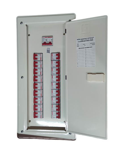 Koten and Himel Himel KTM1-2P18B125A breaker panel white metal enclosure with open door and red circuit breakers