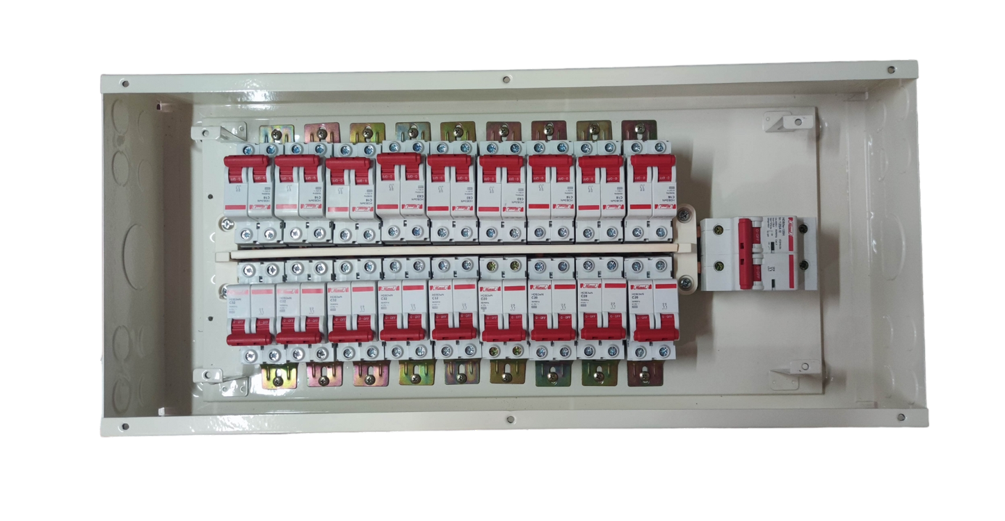White steel enclosure with multiple red and white circuit breakers on DIN rails Himel KTM1-2P18B125A breaker panel