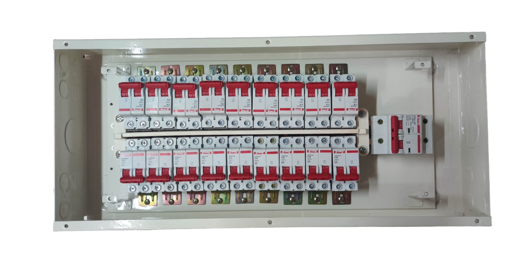 White steel enclosure with multiple red and white circuit breakers on DIN rails Himel KTM1-2P18B125A breaker panel
