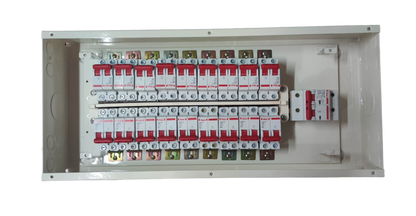 White steel enclosure with multiple red and white circuit breakers on DIN rails Himel KTM1-2P18B125A breaker panel