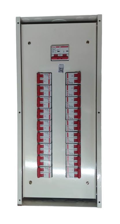 Koten and Himel white metal distribution board with two columns of red breakers Himel KTM1-2P18B125A breaker panel.