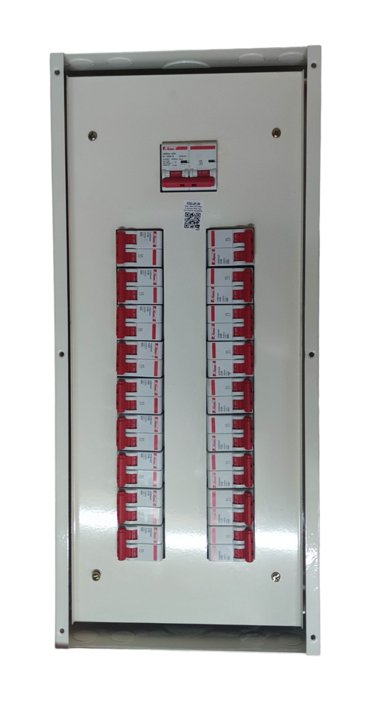 Koten and Himel white metal distribution board with two columns of red breakers Himel KTM1-2P18B125A breaker panel.