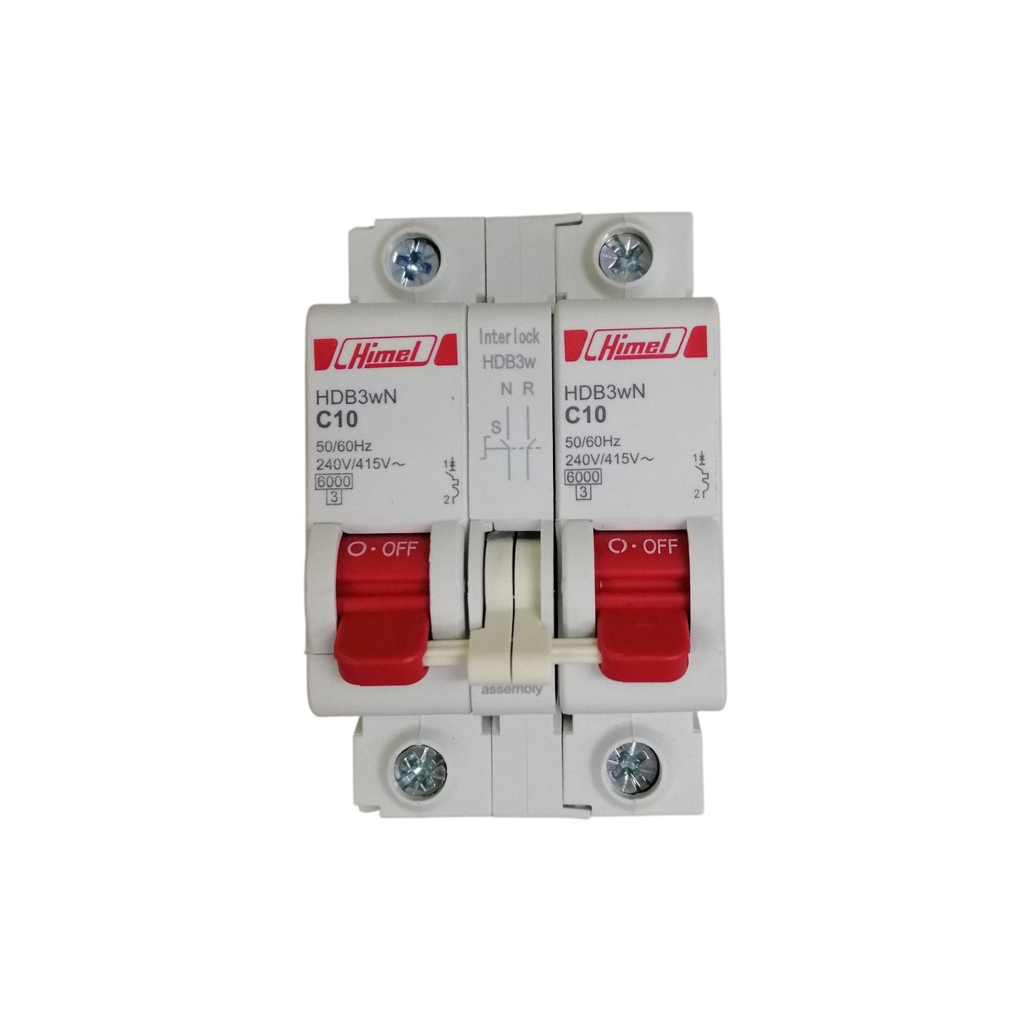 Himel manual transfer switch 10A dual pole circuit breaker with white housing and red toggle switches