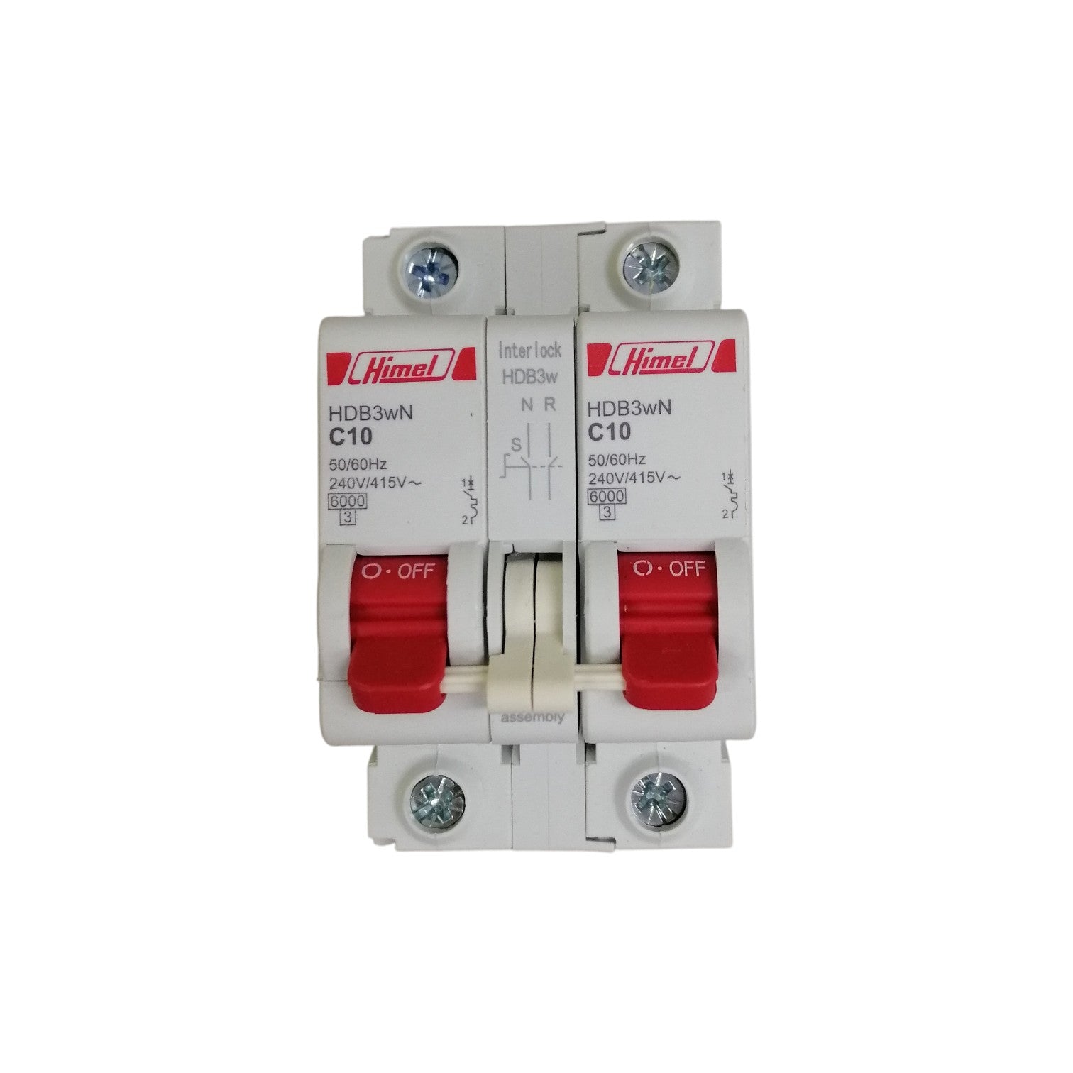 Himel manual transfer switch 10A dual pole circuit breaker with white housing and red toggle switches