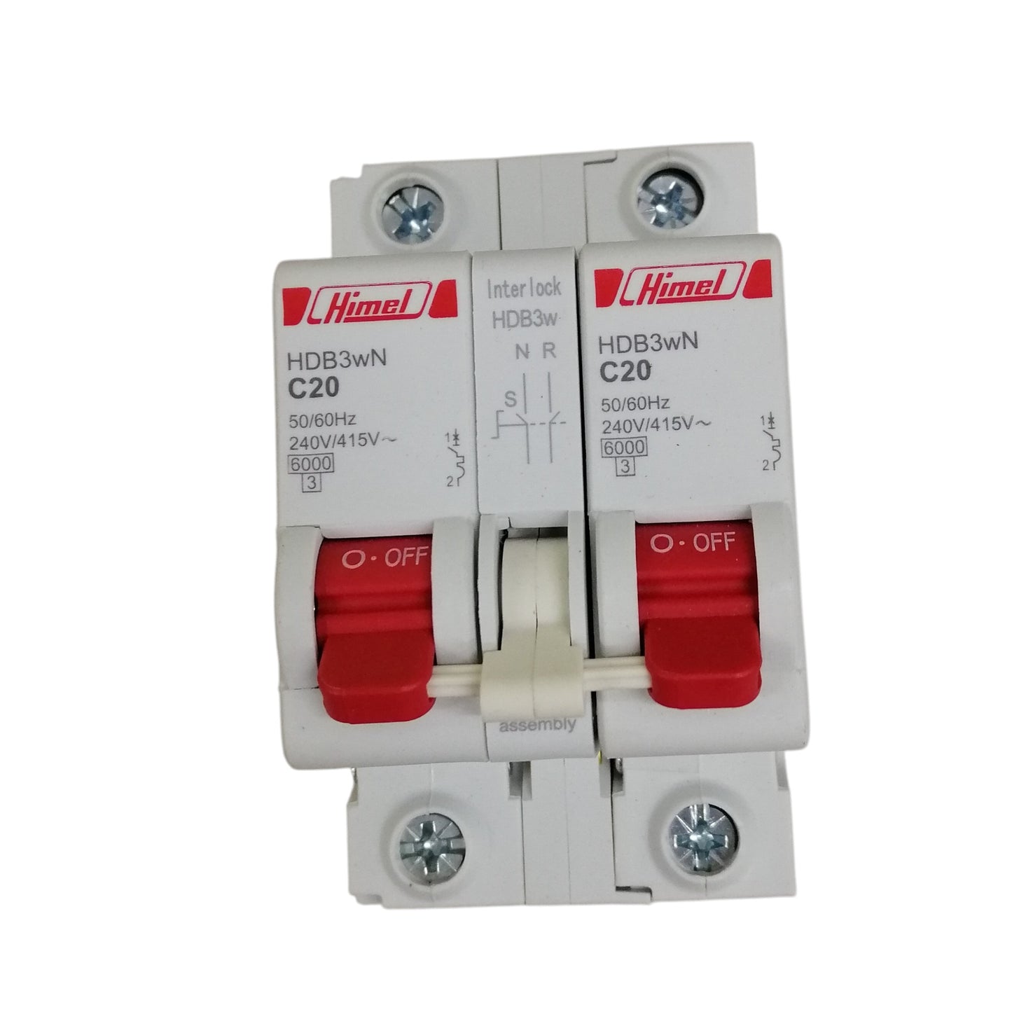 Himel manual transfer switch 20A dual pole circuit breaker with red toggle switches for load transfer