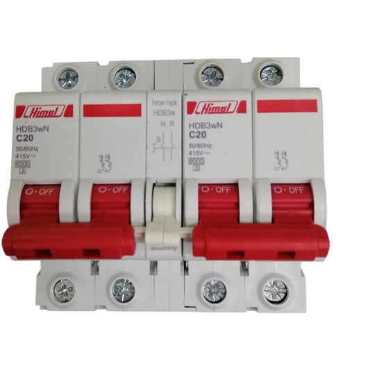 Himel manual transfer switch 20A circuit breaker assembly with red handles for power transfer