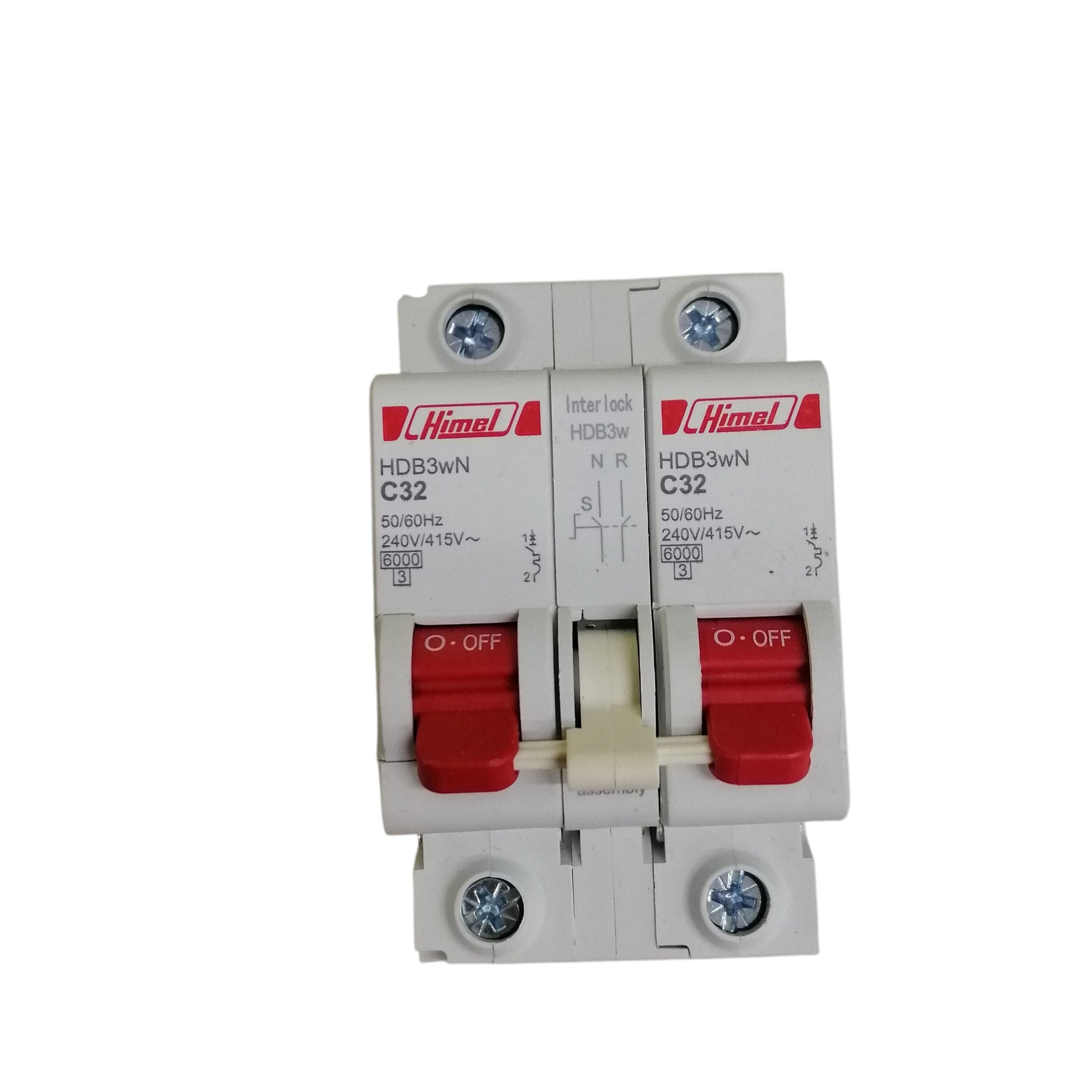 Himel manual transfer switch 32A double pole circuit breaker with red levers white housing and screw mounts