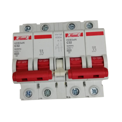 Himel manual transfer switch 32A white circuit breaker with red levers and screw terminals