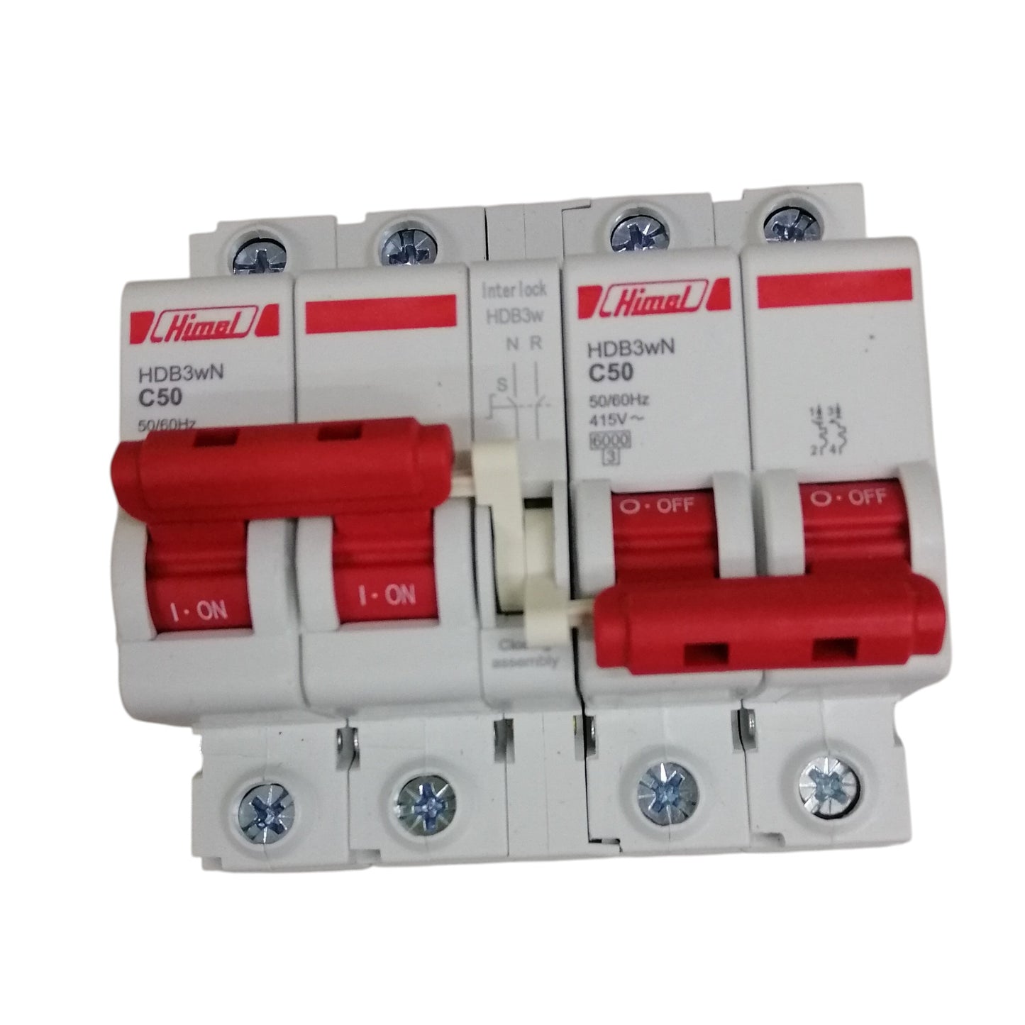 Himel manual transfer switch 50A white and red 3 pole circuit breaker with C50 toggles for generator