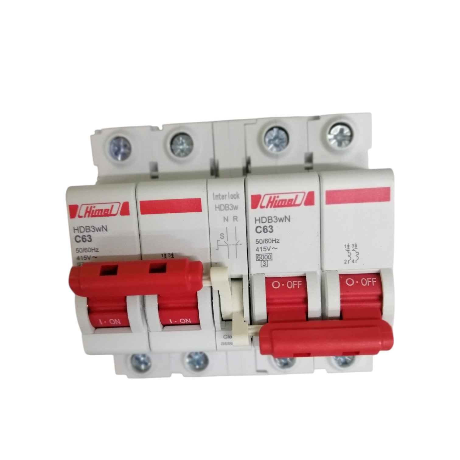 Himel manual transfer switch 63A white three pole circuit breaker with red handles for power switching
