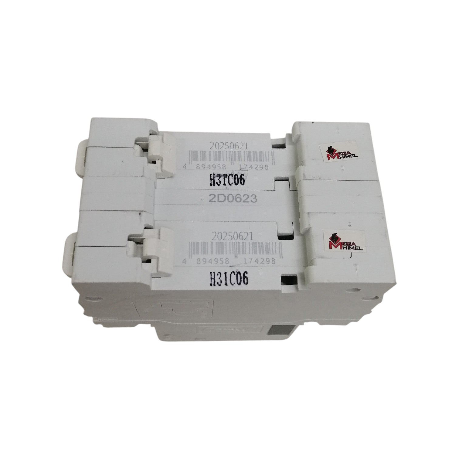 Himel manual transfer switch 6A modular double pole circuit breaker in white with barcode labels