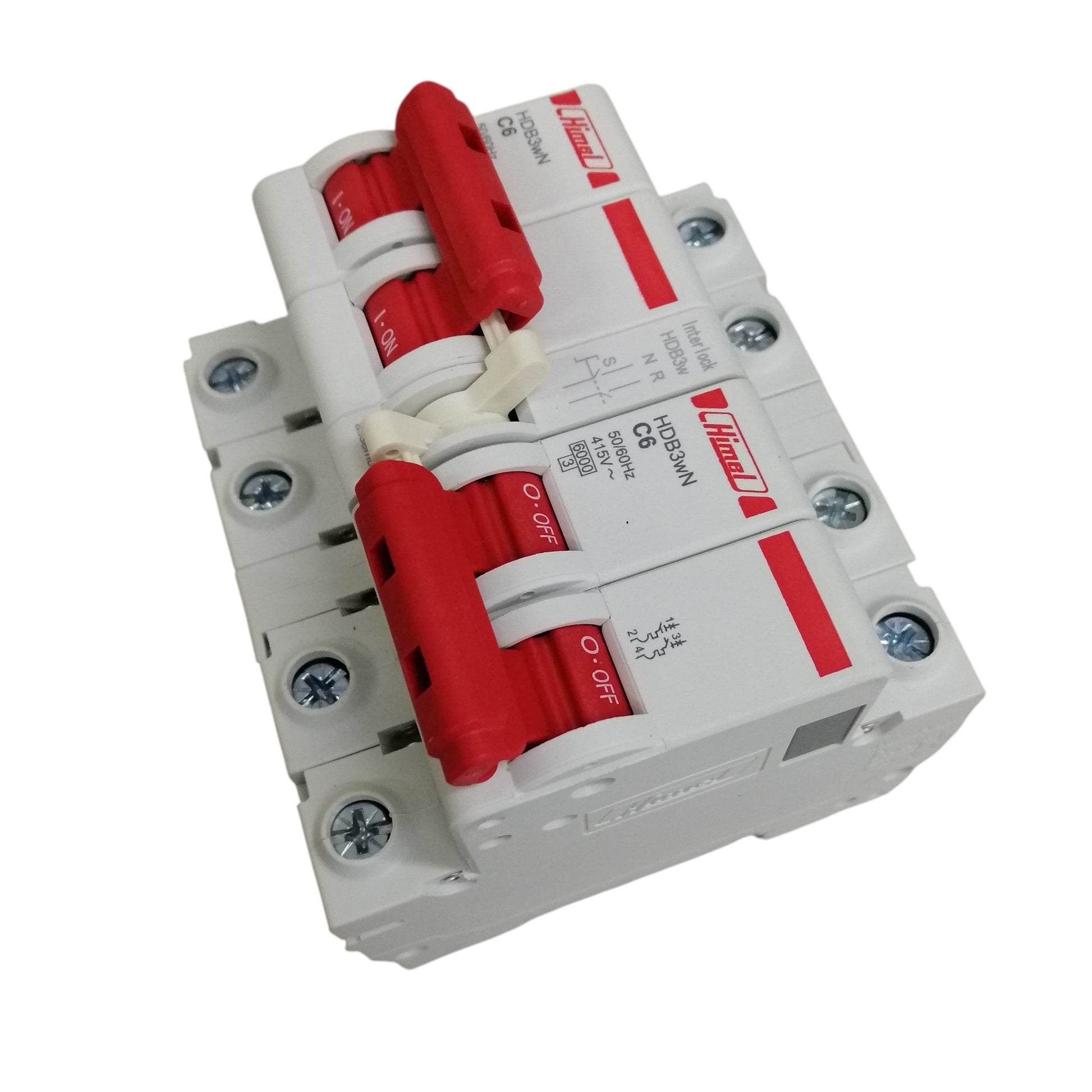 Himel manual transfer switch 6A white circuit breaker with red dual toggle handles and screw terminals