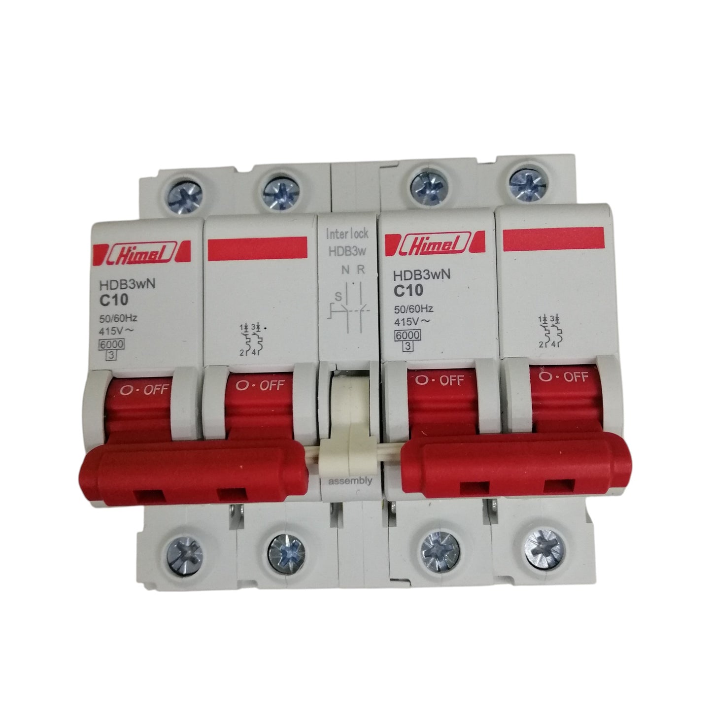 Himel MTS breaker 2 pole white dual module circuit breaker with red toggles C10 10A protective switch