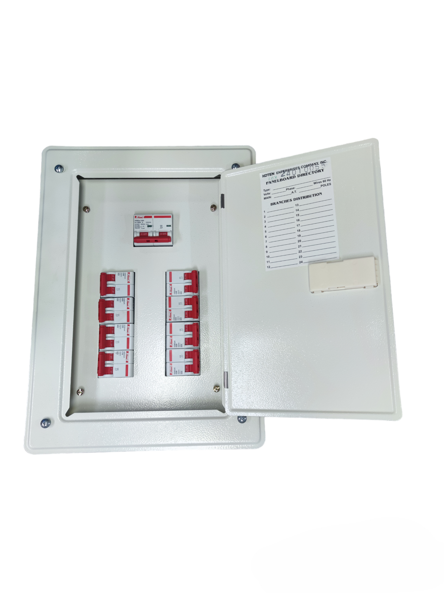 Koten Himel 100A breaker panel white metal enclosure with open door showing multiple red circuit breakers