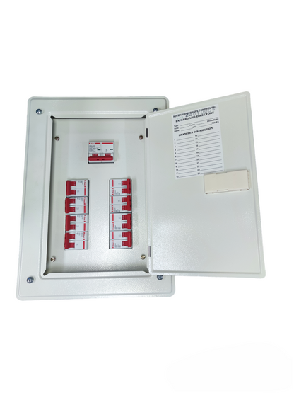 Koten Himel 100A breaker panel white metal enclosure with open door showing multiple red circuit breakers