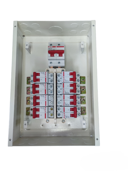 Koten Himel 100A breaker panel metal enclosure with multiple red and white MCBs and terminal bus bars
